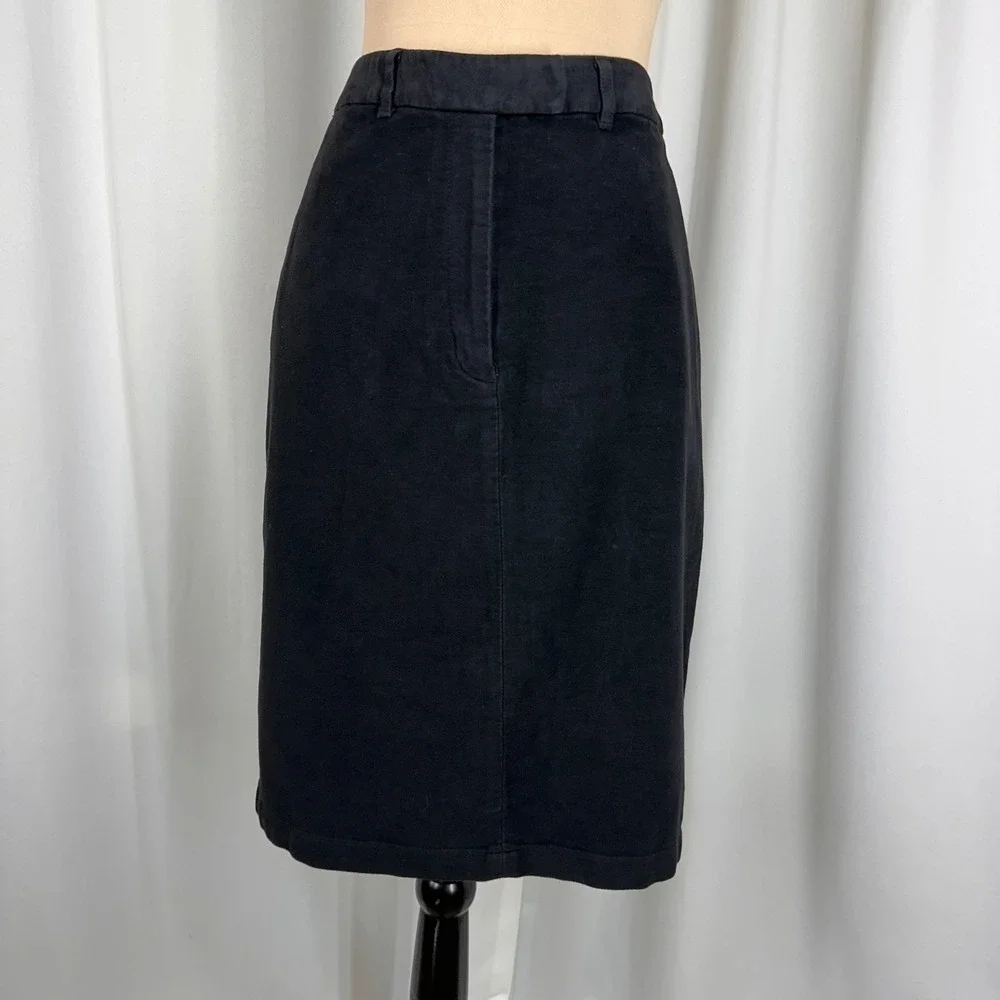 Vtg LL Bean Womens Black Cotton Pencil Skirt Size 12 Reg Knee Length Back Vent